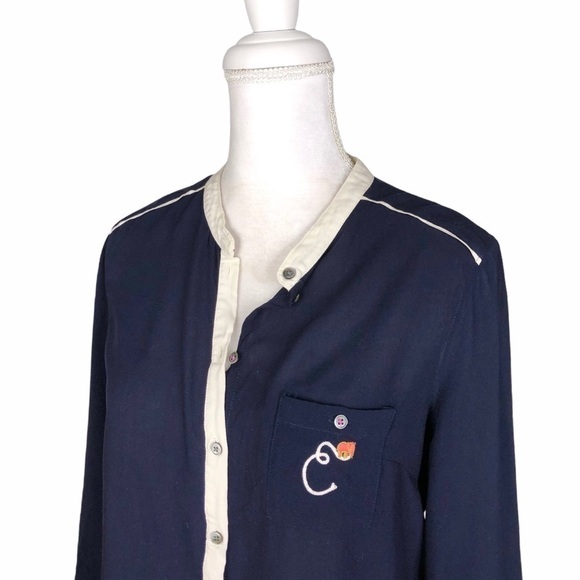 Anthropologie Maeve monogram E elephant blouse top small navy blbue - Picture 4 of 12